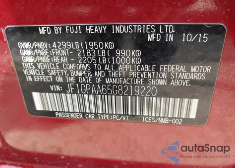 2016 Subaru Impreza из США, поврежденный, VIN JF1GPAA65G8219220